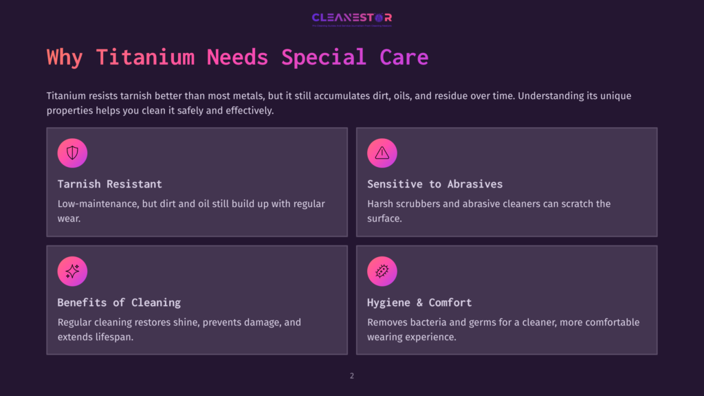 Infographic Titled &Quot;Why Titanium Needs Special Care&Quot; Displaying Four Sections: Tarnish Resistant, Sensitive To Abrasives, Benefits Of Cleaning, And Hygiene &Amp; Comfort. Each Section Is Marked With An Icon And Includes A Brief Description Of Its Content.