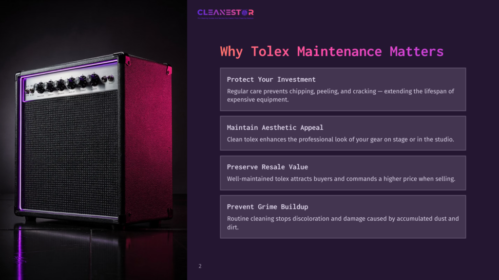 A Black Guitar Amplifier With Purple Led Lighting Sits On A Dark, Reflective Surface, With The Text &Quot;Cleanestor Why Tolex Maintenance Matters&Quot; Visible On The Right.