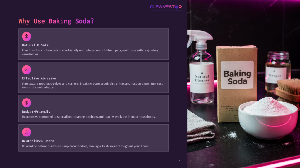A Box Of &Quot;Baking Soda&Quot; By Natural Cleaner Sits On A Dark Countertop Next To A Glass Bottle Of Cleaner And A Scrubbing Brush. The Baking Soda Box Is Open, Revealing A Pile Of White Powder.