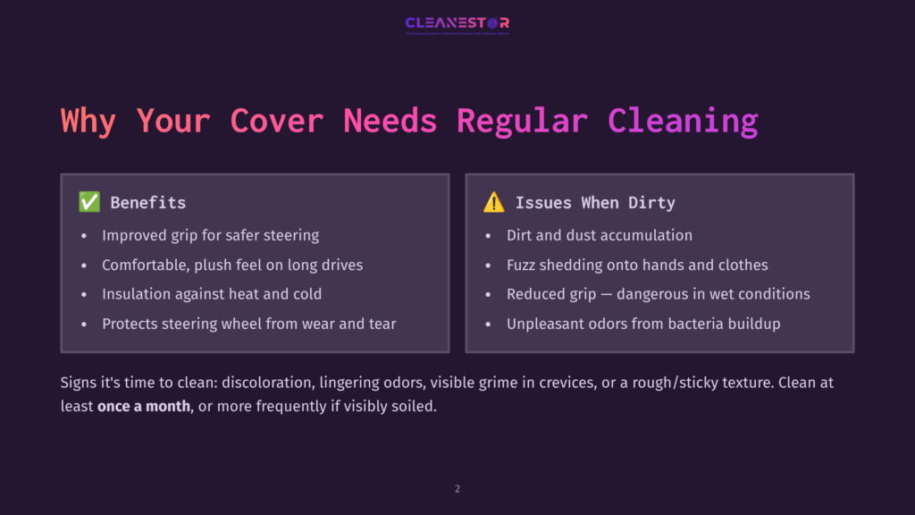 A Presentation Slide Titled &Quot;Why Your Cover Needs Regular Cleaning&Quot; Lists Benefits Like Improved Grip, Comfort, And Protection, And Issues Like Dirt Accumulation And Odors.