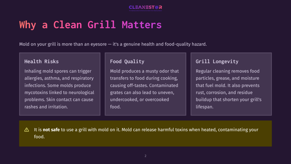 2 Why A Clean Grill Matters Why A Clean Grill Matters: Health Risks, Food Quality, And Grill Longevity. Mold On Grills Is A Health And Food-Quality Hazard.