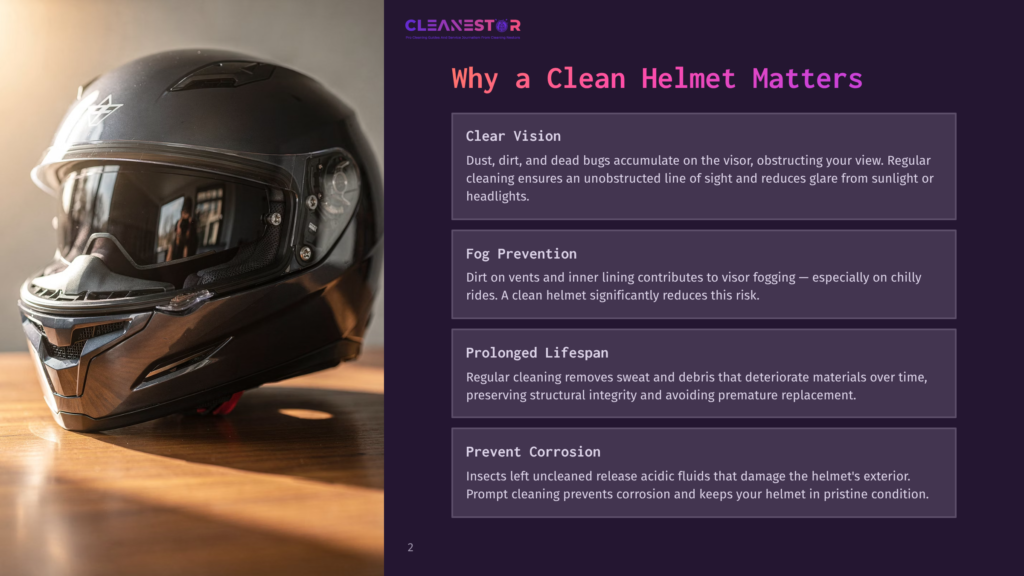 A Sleek Black Motorcycle Helmet Rests On A Wooden Surface, Reflecting Ambient Light. Text On The Right Discusses Why A Clean Helmet Matters, Covering Clear Vision, Fog Prevention, Prolonged Lifespan, And Preventing Corrosion.
