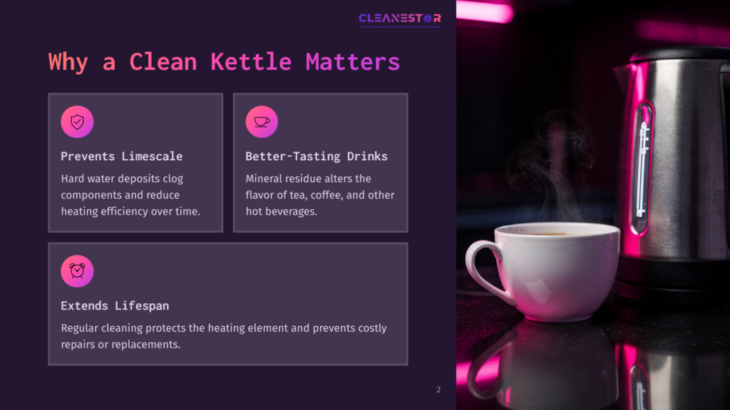 A Close-Up Of A Clean, White Coffee Cup With Steam Rising Above It, Set Against A Dark, Sophisticated Background With A Modern Electric Kettle Emitting A Soft Pink Glow.