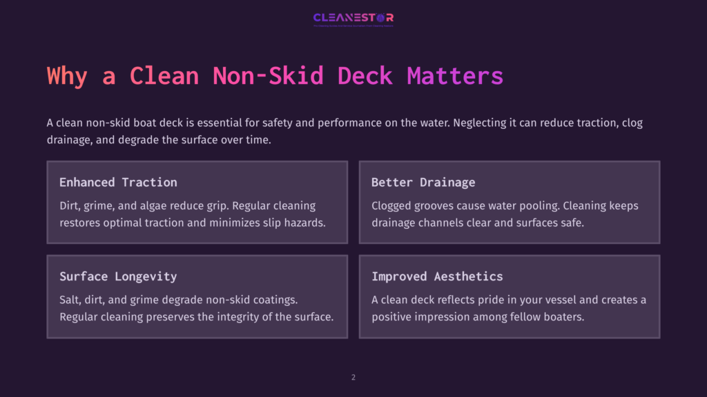 Cleanestor Logo At The Top Of A Slide Titled &Quot;Why A Clean Non-Skid Deck Matters,&Quot; With Four Key Benefits Of A Clean Boat Deck Listed In Boxes: Enhanced Traction, Better Drainage, Surface Longevity, And Improved Aesthetics.