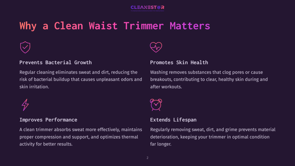 Infographic With Text: &Quot;Why A Clean Waist Trimmer Matters&Quot; And Points On Preventing Bacterial Growth, Promoting Skin Health, Improving Performance, And Extending Lifespan.
