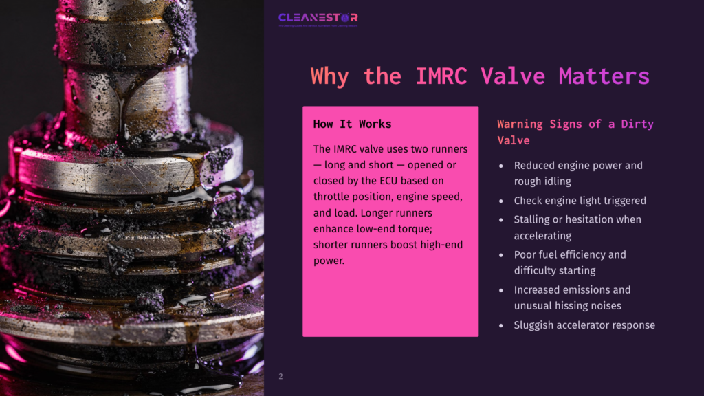 Close-Up Of A Dirty, Greasy Imrc Valve With Visible Runners, Part Of A Cleanestor Presentation Explaining &Quot;Why The Imrc Valve Matters&Quot; And Its Function.