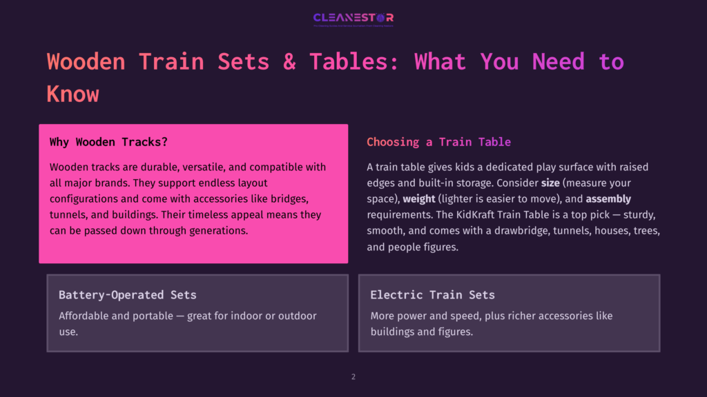 Cleanestor Blog Post About Wooden Train Sets And Tables, Featuring Sections On &Quot;Why Wooden Tracks?&Quot;, &Quot;Choosing A Train Table&Quot;, &Quot;Battery-Operated Sets&Quot;, And &Quot;Electric Train Sets&Quot;.