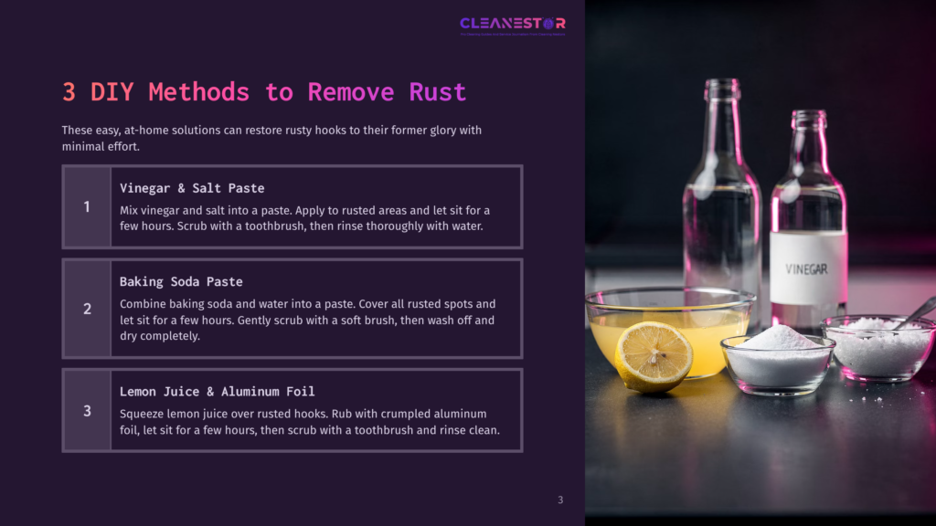 Diy Rust Removal: Vinegar And Salt Paste, Baking Soda Paste, And Lemon Juice With Aluminum Foil Are Shown In Bowls Next To Bottles Of Vinegar And Baking Soda.