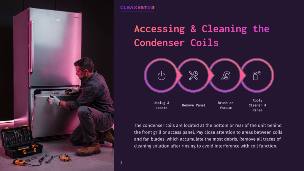 A Man In A Dark Jumpsuit Kneels To Clean Refrigerator Condenser Coils, Tools Laid Out Beside Him. The Image Also Shows A Graphic Illustrating The Steps: Unplug &Amp; Locate, Remove Panel, Brush Or Vacuum, Apply Cleaner &Amp; Rinse.
