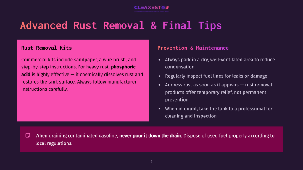 3 Advanced Rust Removal And Final Tips Slide With &Quot;Advanced Rust Removal &Amp; Final Tips&Quot; Title. Left Side Details &Quot;Rust Removal Kits&Quot; With Instructions And Warnings About Phosphoric Acid. Right Side Lists &Quot;Prevention &Amp; Maintenance&Quot; Tips, Including Addressing Rust And Checking For Fuel Leaks.