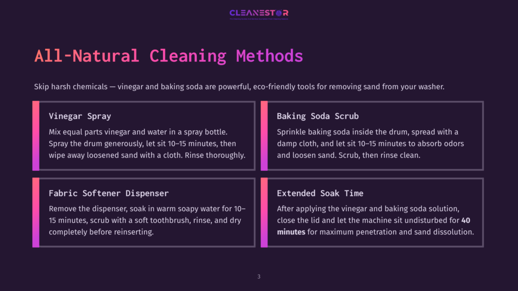 3 All Natural Cleaning Methods Infographic Detailing All-Natural Washing Machine Cleaning Methods: Vinegar Spray, Baking Soda Scrub, Fabric Softener Dispenser Cleaning, And Extended Soak Time, With Step-By-Step Instructions.