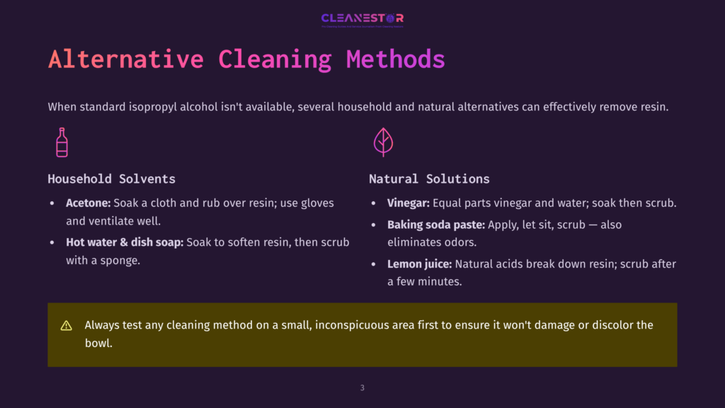 A Web Page Titled &Quot;Alternative Cleaning Methods&Quot; Discusses Various Household And Natural Cleaning Solutions. The Page Is Divided Into Sections For Household Solvents Like Acetone And Hot Water And Dish Soap, And Natural Solutions Like Vinegar, Baking Soda Paste, And Lemon Juice. Each Method Is Described With A Brief Explanation.