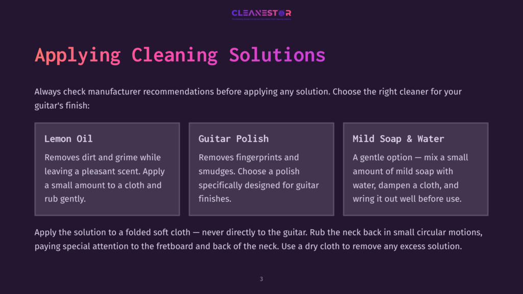 Cleanestor Logo And Text &Quot;Applying Cleaning Solutions&Quot; Over A Dark Background, With Three Panels Detailing Cleaning Solutions For Guitars: Lemon Oil, Guitar Polish, And Mild Soap &Amp; Water.