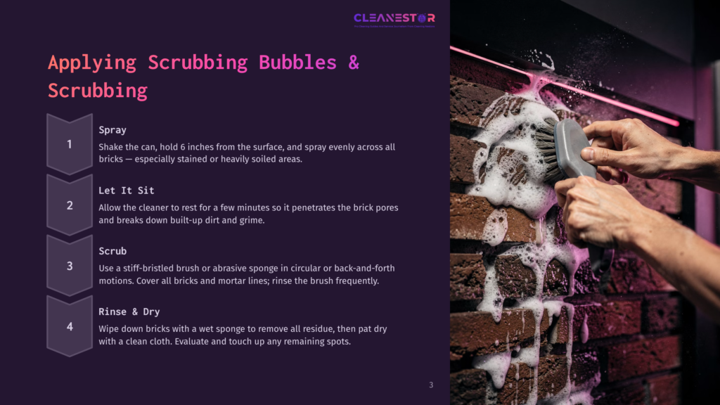 Close-Up Of A Person'S Hands Scrubbing A Brick Wall With A Brush, Creating A Lot Of Cleaning Suds And Bubbles. The Text &Quot;Applying Scrubbing Bubbles &Amp; Scrubbing&Quot; Is Visible.