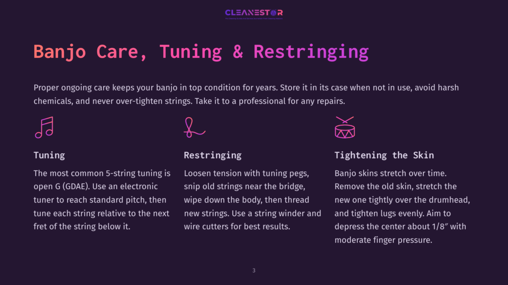 An Infographic About Banjo Care, Tuning, And Restringing With A Purple Background, Showcasing Tuning Instructions, Tightening Skin Instructions, And A Banjo Diagram.