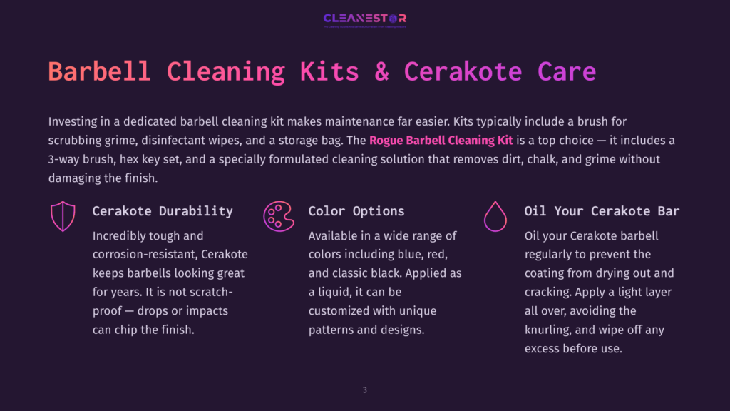 Cleanestor Logo Above Text Describing Barbell Cleaning Kits And Cerakote Care, Highlighting Durability, Color Options, And Oiling A Cerakote Bar.