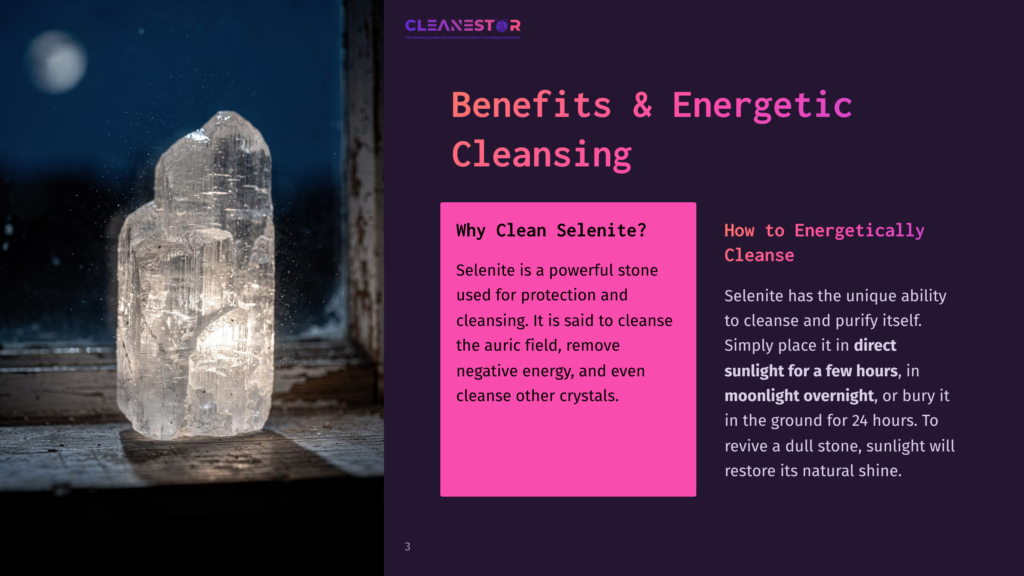 Brightly Lit Selenite Crystal Glowing On A Dark Wooden Surface, With The Text &Quot;Cleanestor&Quot; And &Quot;Benefits &Amp; Energetic Cleansing&Quot; Visible.