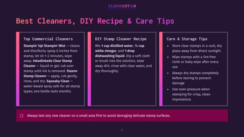 3 Best Cleaners Diy Recipe And Care Tips A Dark Purple Background Displays A Graphic With Three Columns: &Quot;Top Commercial Cleaners,&Quot; &Quot;Diy Stamp Cleaner Recipe,&Quot; And &Quot;Care &Amp; Storage Tips.&Quot; The Diy Column Lists A Recipe With Distilled Water, White Vinegar, And Dishwashing Liquid. The Text &Quot;Cleanestor&Quot; Is At The Top.