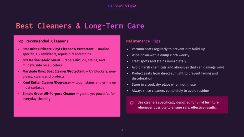 Image Displays A Dark Purple Slide With Pink And White Text Listing Recommended Boat Cleaners And Maintenance Tips. &Quot;Best Cleaners &Amp; Long-Term Care&Quot; Is The Main Heading.
