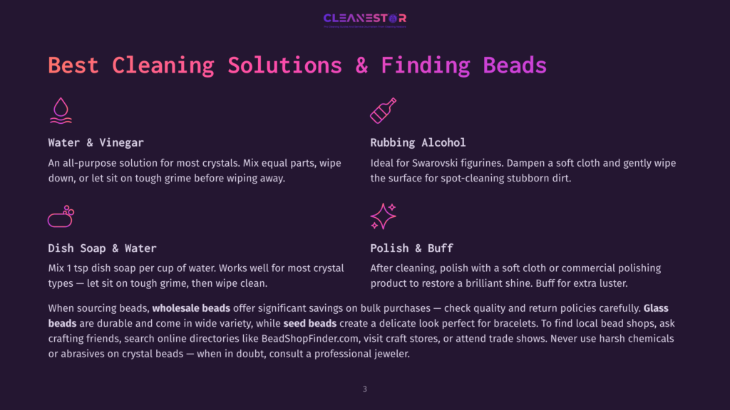 Infographic With Icons Illustrating Cleaning Solutions For Beads And Jewelry, Including Water &Amp; Vinegar, Rubbing Alcohol, Dish Soap &Amp; Water, And Polish &Amp; Buff.