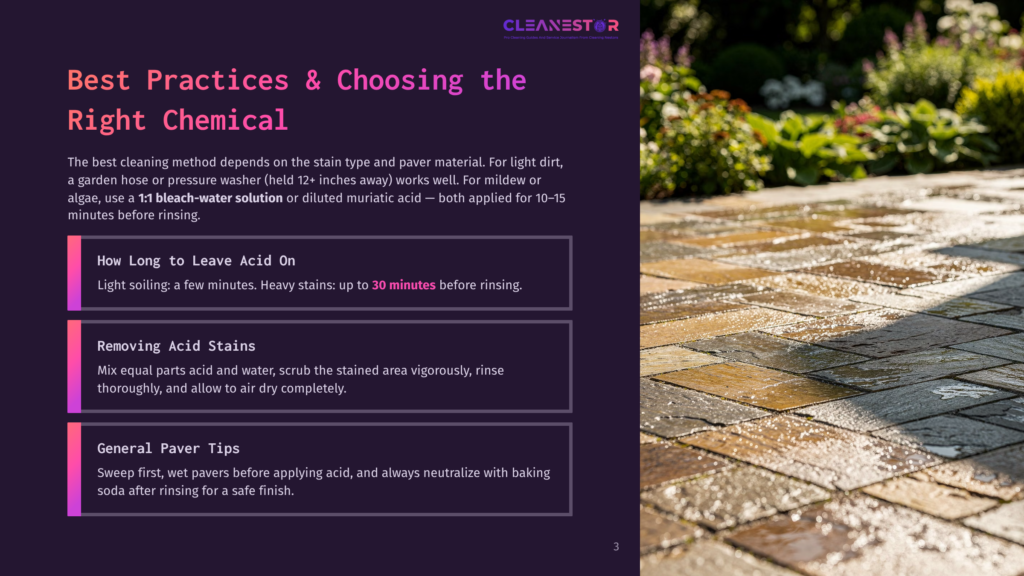 Cleanestor Logo And Text &Quot;Best Practices &Amp; Choosing The Right Chemical&Quot; With Tips For Cleaning Pavers And Removing Stains. A Wet, Clean Stone Patio Is In The Background.