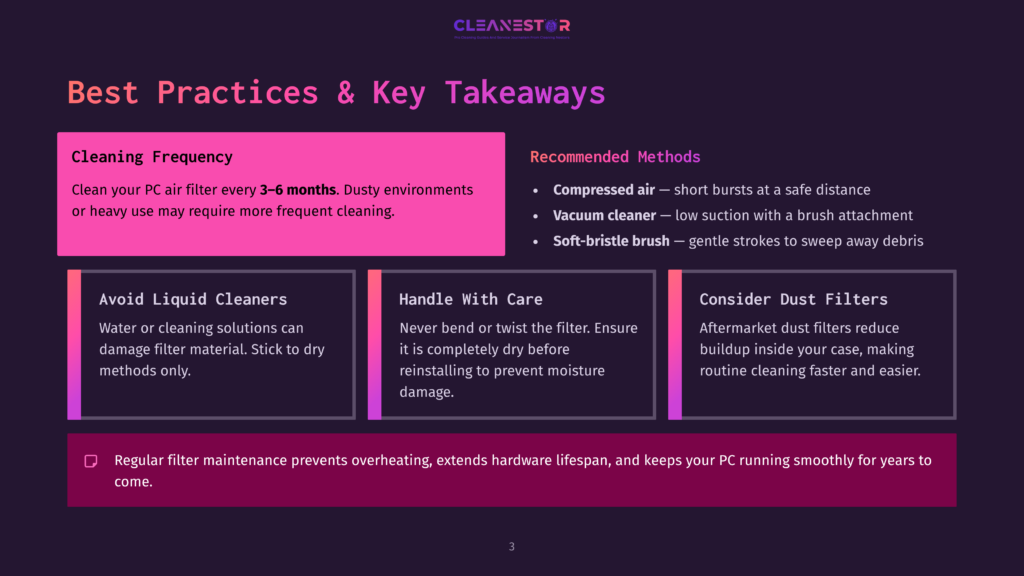 Infographic Titled &Quot;Best Practices &Amp; Key Takeaways&Quot; For Pc Cleaning, Detailing Cleaning Frequency, Recommended Methods Like Compressed Air And Vacuum Cleaners, And Advice To Avoid Liquid Cleaners And Consider Dust Filters.