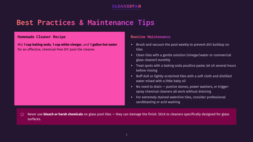 3 Best Practices And Maintenance Tips A Pink And White Graphic Displays Pool Tile Cleaning Tips. It Highlights A Recipe With Baking Soda, White Vinegar, And Hot Water, Alongside Routine Maintenance Instructions Including Brushing, Cleaning With Vinegar, And Using A Baking Soda Poultice.