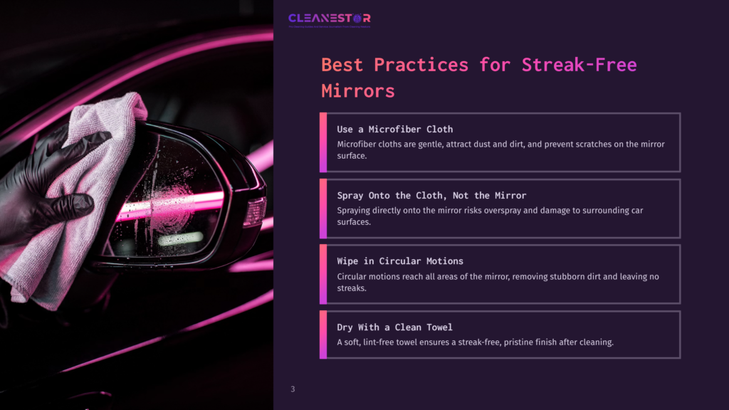 Close-Up Of A Gloved Hand Using A White Microfiber Cloth To Clean A Car'S Side Mirror, Showing A Streak-Free Cleaning Process. Text Overlay Reads &Quot;Cleanestor&Quot; And &Quot;Best Practices For Streak-Free Mirrors&Quot;.