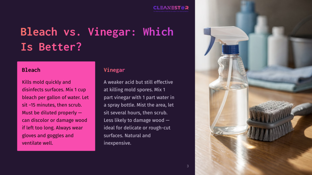 Bleach Vs. Vinegar: Which Is Better? Slide With Text Comparing The Two Cleaning Agents. A Spray Bottle Filled With Clear Liquid And A Cleaning Brush Are In The Foreground.