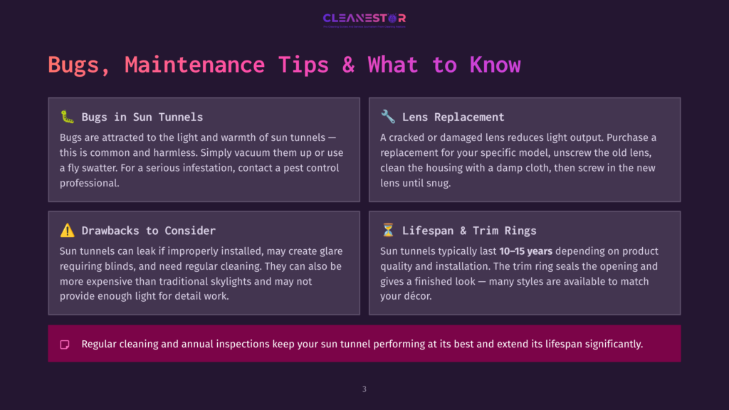 A Graphic Detailing Tips And Maintenance For Sun Tunnels, Covering Bugs, Lens Replacement, Drawbacks, And Lifespan. The Text Includes The Title &Quot;Bugs, Maintenance Tips &Amp; What To Know.