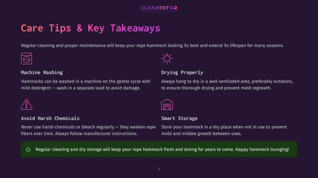 Cleanestor Logo And Text: &Quot;Care Tips &Amp; Key Takeaways&Quot; With Icons And Text For Machine Washing, Drying Properly, Avoid Harsh Chemicals, And Smart Storage For Rope Hammocks.