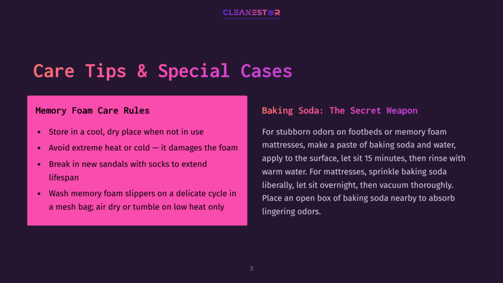 A Slide Titled &Quot;Care Tips &Amp; Special Cases&Quot; With A Pink Box Listing Memory Foam Care Rules And A Section On Using Baking Soda For Odor Removal.