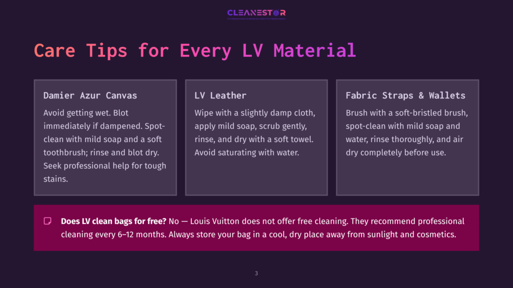 Graphic With Text Titled &Quot;Care Tips For Every Lv Material,&Quot; Detailing Cleaning Advice For Damier Azur Canvas, Lv Leather, And Fabric Straps &Amp; Wallets, With A Question About Free Lv Cleaning.