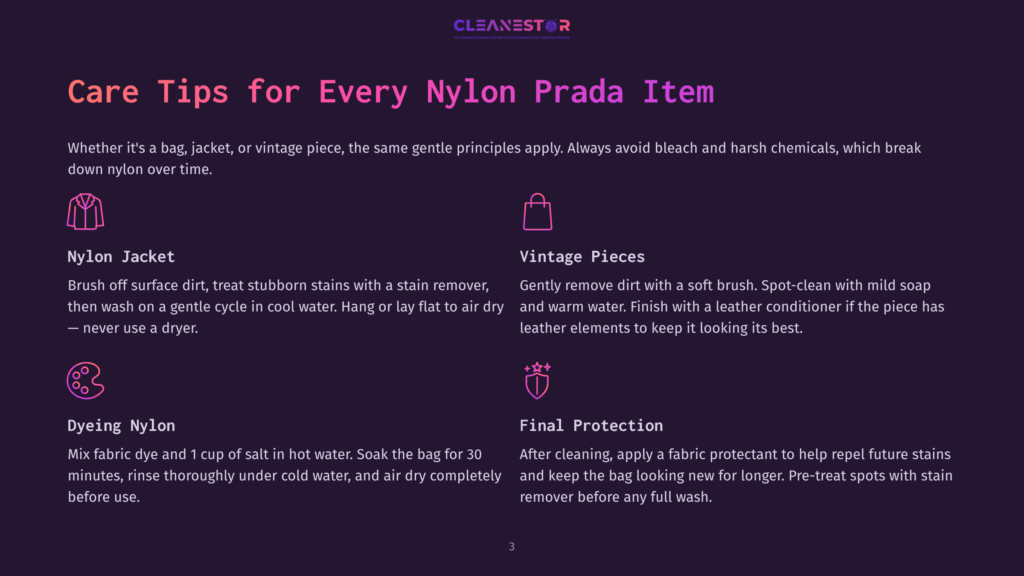 Cleanestor Guide To Care For Nylon Prada Items: Nylon Jacket Care, Vintage Piece Cleaning, Dyeing Nylon, And Final Protection Tips On A Dark Purple Background.