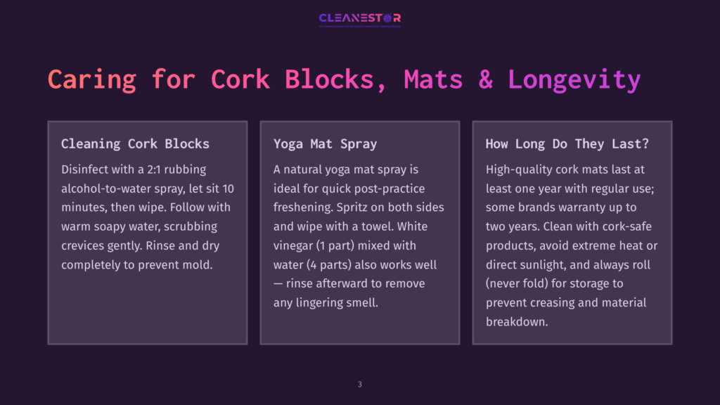 3 Caring For Cork Blocks Mats And Longevity A Three-Part Infographic Titled &Quot;Caring For Cork Blocks, Mats &Amp; Longevity&Quot; Provides Instructions On Cleaning And Maintaining Cork Blocks And Yoga Mats. Section One Describes Disinfecting Cork Blocks With Rubbing Alcohol. Section Two Explains How To Spray A Natural Yoga Mat With A Mixture Of Vinegar And Water For Quick Post-Practice Freshening. Section Three States That High-Quality Cork Mats Can Last At Least One Year With Regular Care, And Advises To Avoid Extreme Heat And Direct Sunlight.