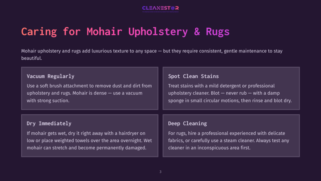 Cleanestor Logo At The Top With The Title &Quot;Caring For Mohair Upholstery &Amp; Rugs.&Quot; Below Are Four Boxes Detailing Care Instructions: &Quot;Vacuum Regularly,&Quot; &Quot;Spot Clean Stains,&Quot; &Quot;Dry Immediately,&Quot; And &Quot;Deep Cleaning.