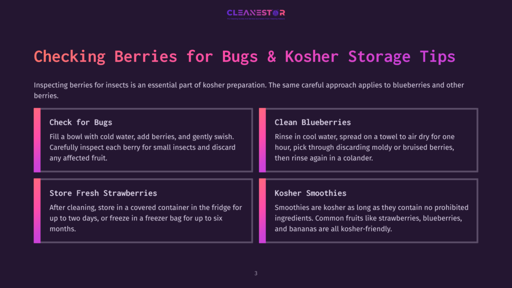 3 Checking Berries For Bugs And Kosher Storage Tips An Infographic About Kosher Berry Preparation, Showing Methods For Checking For Bugs And Storing Berries, With Sections Titled &Quot;Check For Bugs,&Quot; &Quot;Clean Blueberries,&Quot; &Quot;Store Fresh Strawberries,&Quot; And &Quot;Kosher Smoothies.