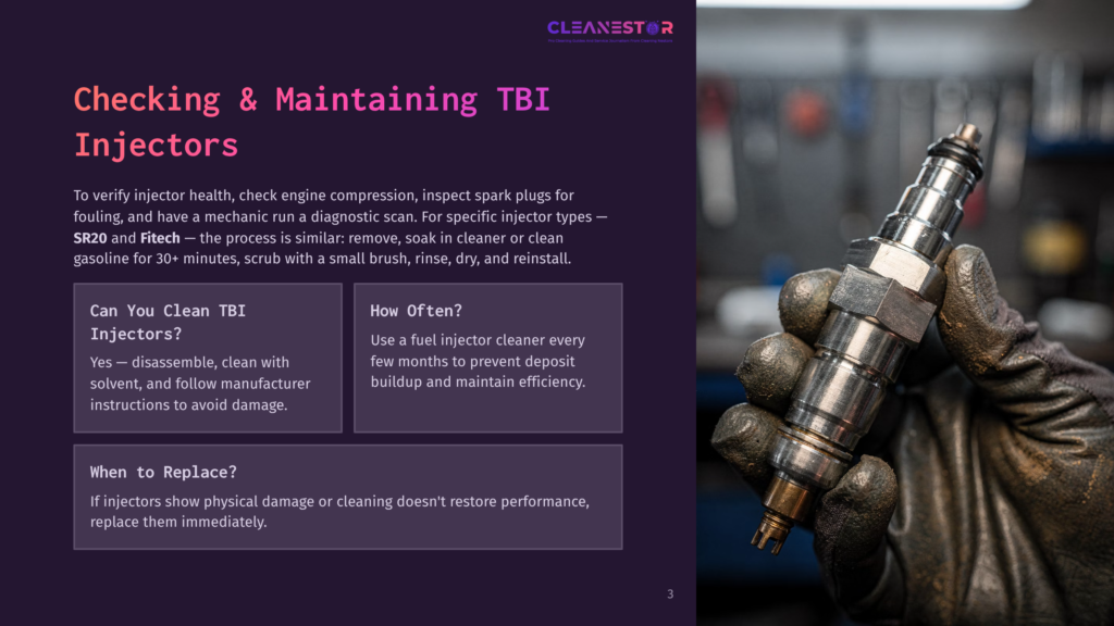 Close-Up Of A Mechanic'S Gloved Hands Holding A Fuel Injector, With Tools And A Workshop Blurred In The Background. Text Overlay: &Quot;Cleanestor&Quot;, &Quot;Checking &Amp; Maintaining Tbi Injectors&Quot;.