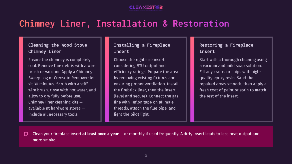 Three Columns Detailing Fireplace Services: Cleaning The Wood Stove Chimney Liner, Installing A Fireplace Insert, And Restoring A Fireplace Insert. Text Includes &Quot;Clean Your Fireplace Insert At Least Once A Year.