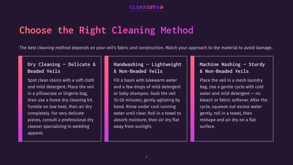 3 Choose The Right Cleaning Method Comparison Of Three Veil Cleaning Methods: Dry Cleaning, Handwashing, And Machine Washing, With Detailed Instructions For Each Method.