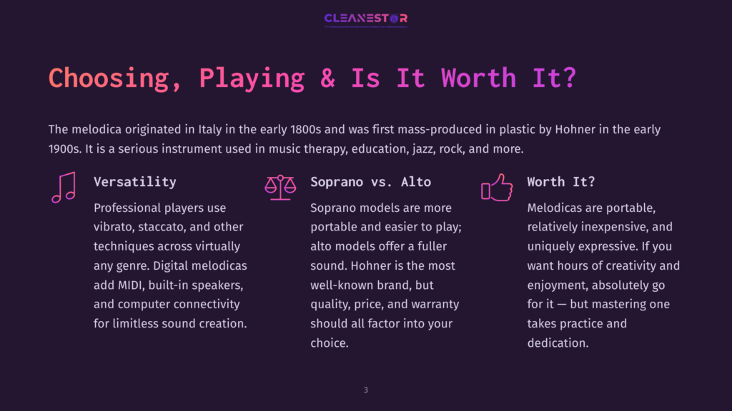 A Dark Purple Background With The Text &Quot;Cleanestor&Quot; And A Tagline. Below, The Title &Quot;Choosing, Playing &Amp; Is It Worth It?&Quot; Is Displayed In Large, Bold White Text. Three Sections With Icons And Text Discuss &Quot;Versatility,&Quot; &Quot;Soprano Vs. Alto,&Quot; And &Quot;Worth It?&Quot; Regarding Melodicas.