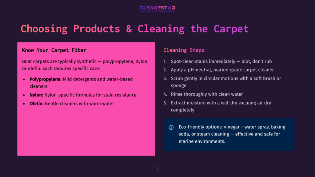 A Pink And White Infographic Titled &Quot;Choosing Products &Amp; Cleaning The Carpet&Quot; Lists Carpet Fiber Types And Cleaning Steps.