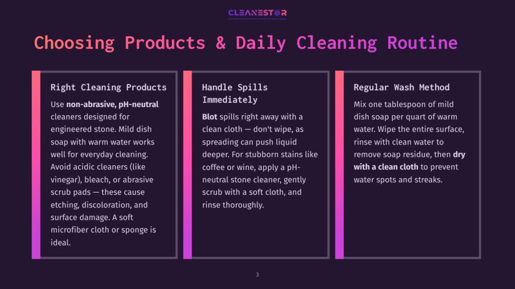 A Dark Purple Graphic With Three Vertical Sections Detailing How To Choose Cleaning Products And A Daily Cleaning Routine. The Sections Are Titled &Quot;Right Cleaning Products,&Quot; &Quot;Handle Spills Immediately,&Quot; And &Quot;Regular Wash Method,&Quot; With Bulleted Advice Under Each.