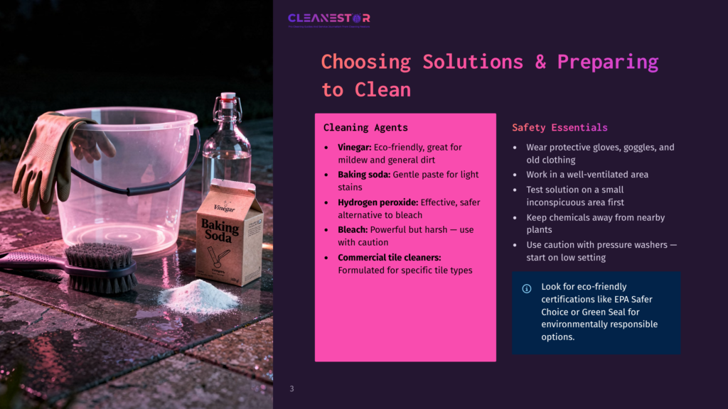 Infographic Titled &Quot;Choosing Solutions &Amp; Preparing To Clean&Quot; Shows A Bucket, Bottle, And Box Of Baking Soda. Gloves, A Brush, And A White Powder Are On A Wooden Surface. Safety Essentials Include Wearing Protective Gear And Working In A Well-Ventilated Area.