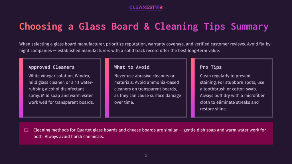Cleanestor Logo And &Quot;Choosing A Glass Board &Amp; Cleaning Tips Summary&Quot; Title. Sections Detail Approved Cleaners, What To Avoid, And Pro Tips For Glass Boards.