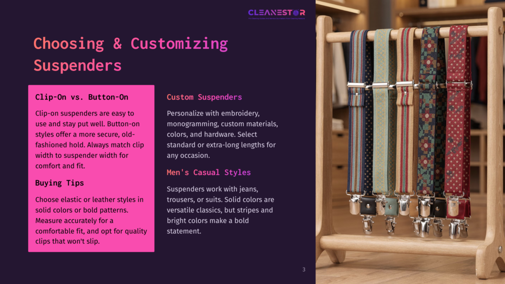 A Close-Up Of A Wooden Suspender Rack Holding Six Patterned Suspenders In Various Colors And Designs. The Suspenders Feature Intricate Patterns, Including Paisley, Stripes, And Floral Motifs, With Silver Clasps.