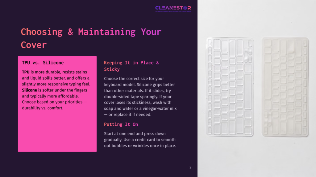 Two Keyboard Covers Are Shown Side-By-Side: A Transparent Tpu Cover On The Left, And A Translucent, Frosted Silicone Cover On The Right.