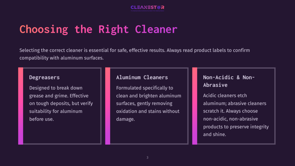 Dark Purple Background With A Title &Quot;Choosing The Right Cleaner&Quot; And Three Columns: Degreasers, Aluminum Cleaners, And Non-Acidic &Amp; Non-Abrasive, Each With Descriptive Text.