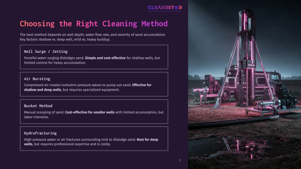 A Drilling Rig With Neon Pink Lights Illuminates A Dark, Muddy Construction Site, With Text Overlay Detailing Well Cleaning Methods Like &Quot;Well Surge / Jetting&Quot; And &Quot;Air Bursting.