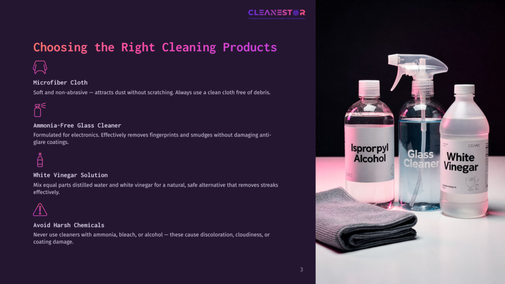 3 Choosing The Right Cleaning Products 1 Three Bottles Of Cleaning Solutions Labeled &Quot;Isopropyl Alcohol&Quot;, &Quot;Glass Cleaner&Quot;, And &Quot;White Vinegar&Quot; Sit On A Dark Surface Next To A Grey Microfiber Cloth. The Background Is Dark And Out Of Focus.